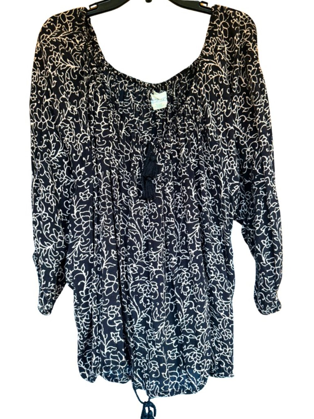 Denim & Supply Ralph Lauren XL Black Cream Boho Peasant Top Tassel Tie